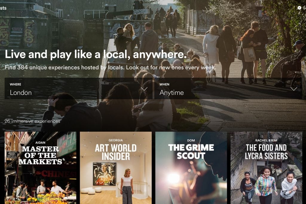 The current landing page for Airbnb's City Hosts selection of activities in 12 cities.