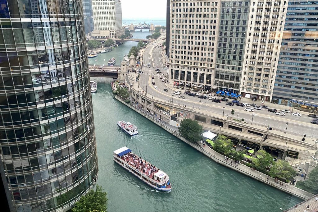 Aerial view of Chicago River cruises