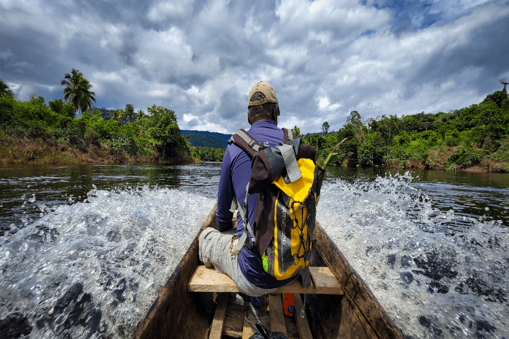 A boat transfer to Paruima, the only settlement of Pemon Amerindians, one of nine indigenous groups in Guyana.
