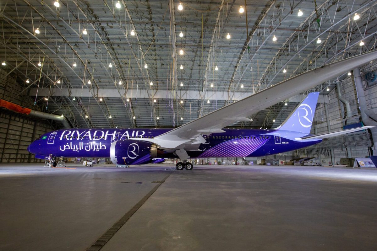 A Riyadh Air Boeing 787 in the hangar.