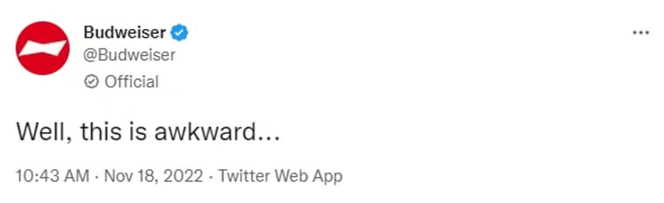 Screenshot of Tweet from Budweiser stating 'Well, this is awkward...' in relation to the World Cup hosting an alcohol-free event.