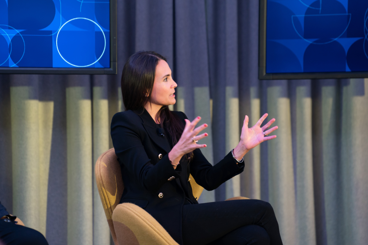 on-stage image of gilda Perez-Alvarado, now Accor's chief strategy officer, spoke on-stage at a Skift Future of Lodging event in 2022 in New York on behalf of JLL source Skift