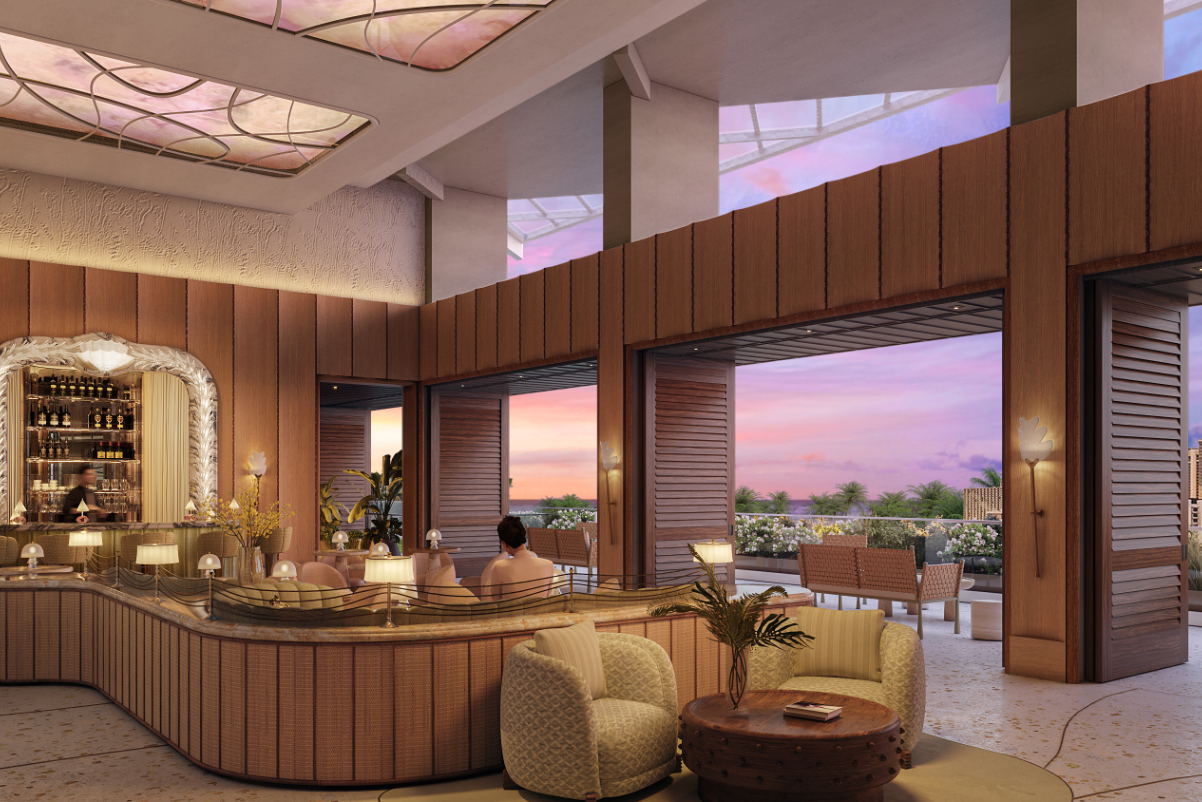 A large hotel lobby and dining space with tall windows.