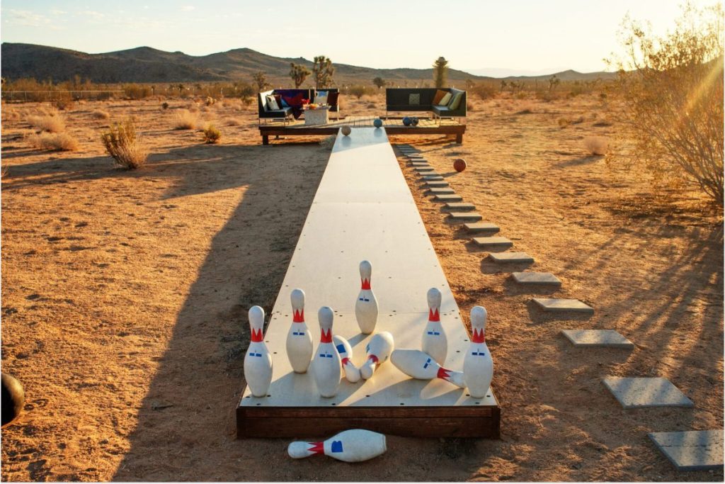 An outdoor bowling alley at an Airbnb in Yucca Valley, California in 2022.