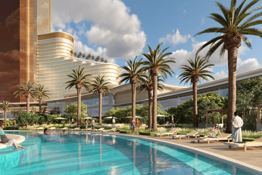 A render of a hotel pool area.
