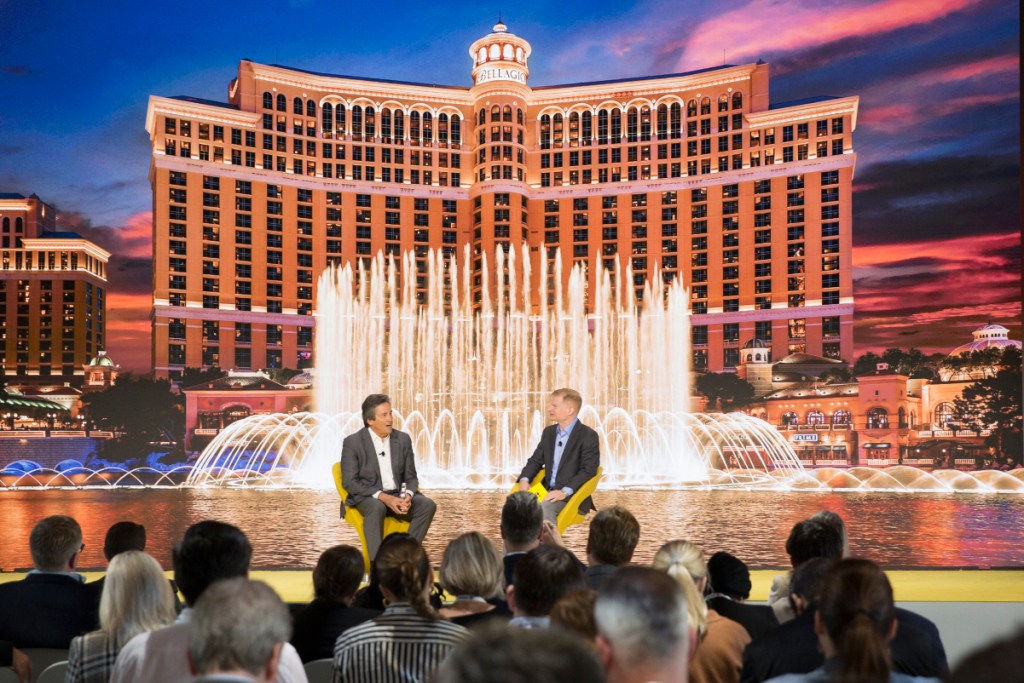 view of the ceo of mgm resorts onstage at the travel sector conference skift global forum