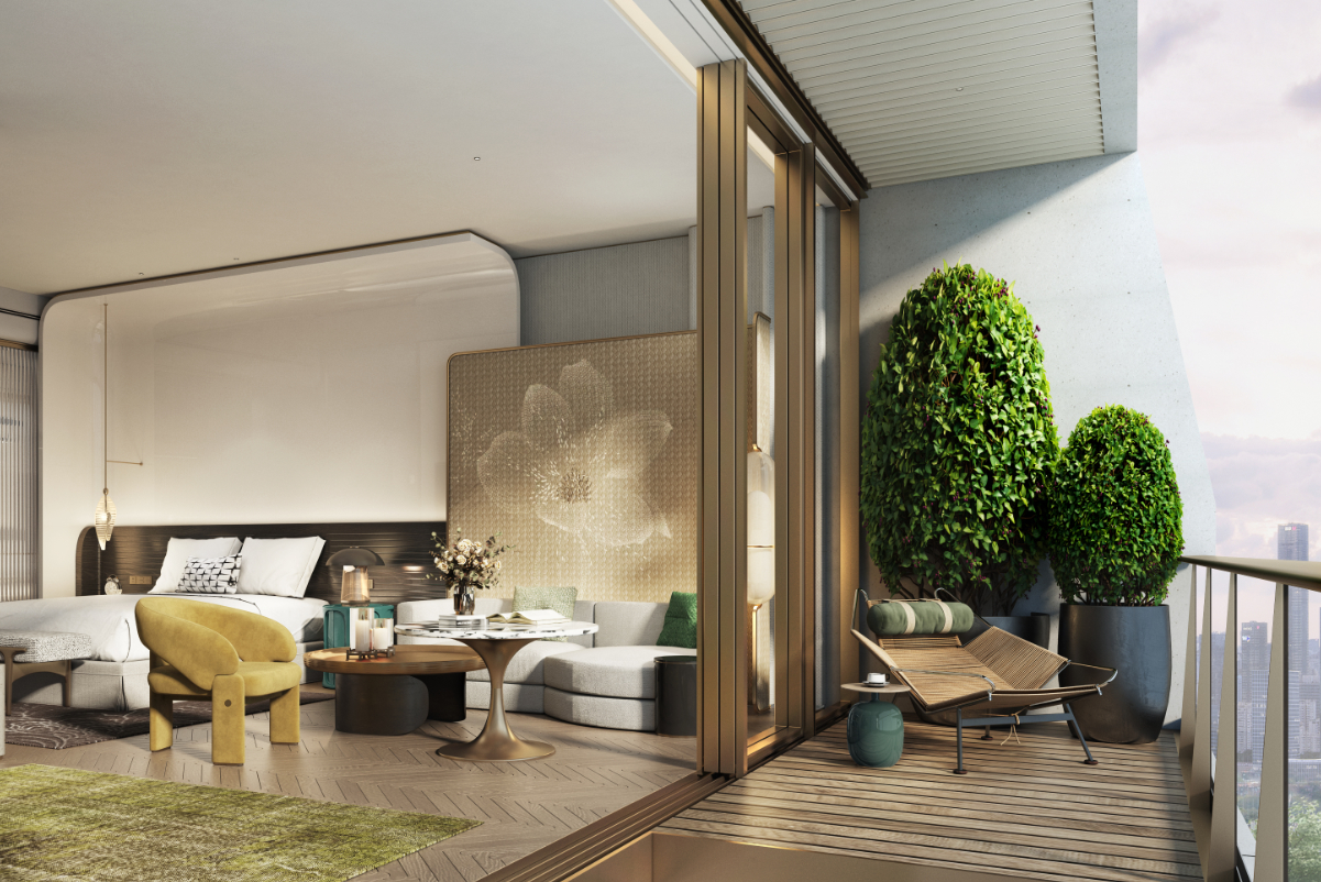A rendering of a hotel room with a balcony.