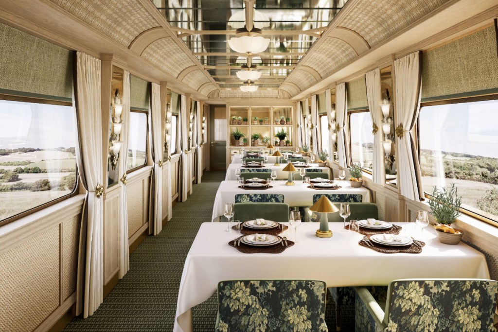 interior of a light-filled dining car.