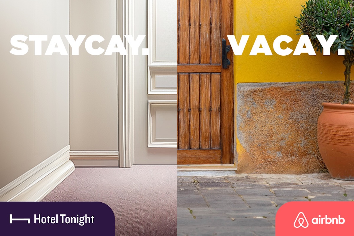 A home and a hotel room in an Airbnb-HotelTonight promotion.