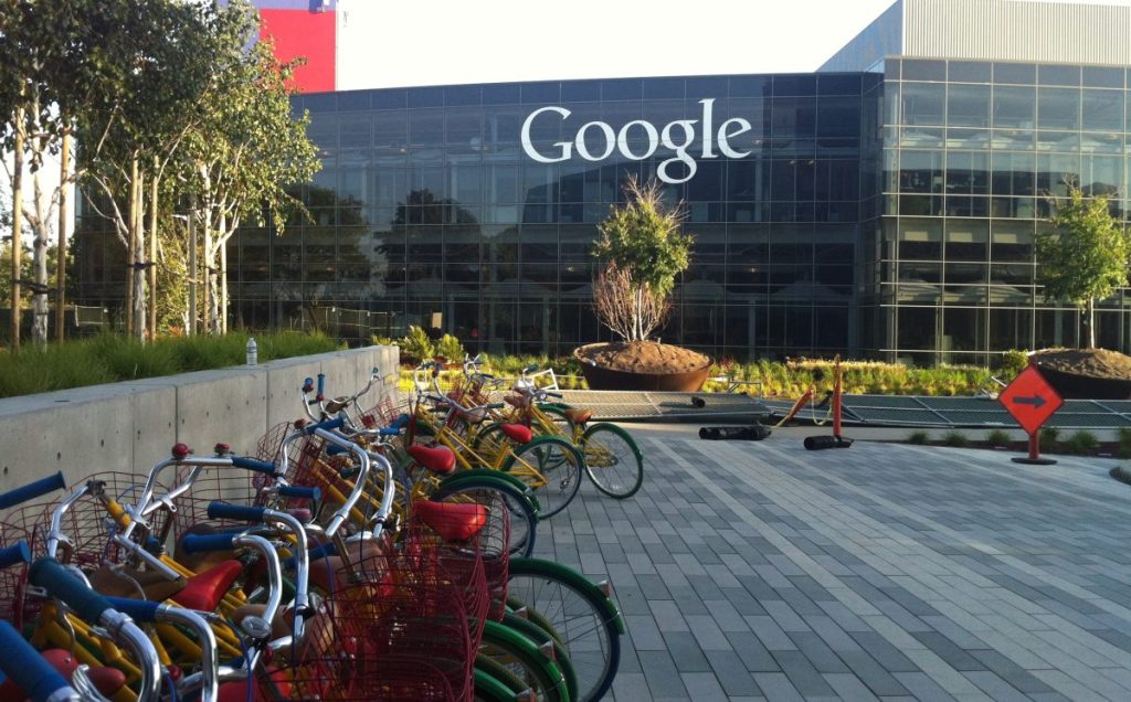 A bike rack with bicycles in front of Google headquarters in Mountain View, California.