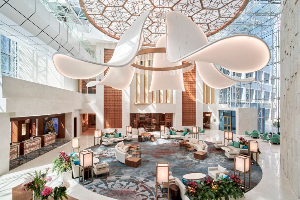 view of an elegant hotel lobby in Cairo run by Hilton