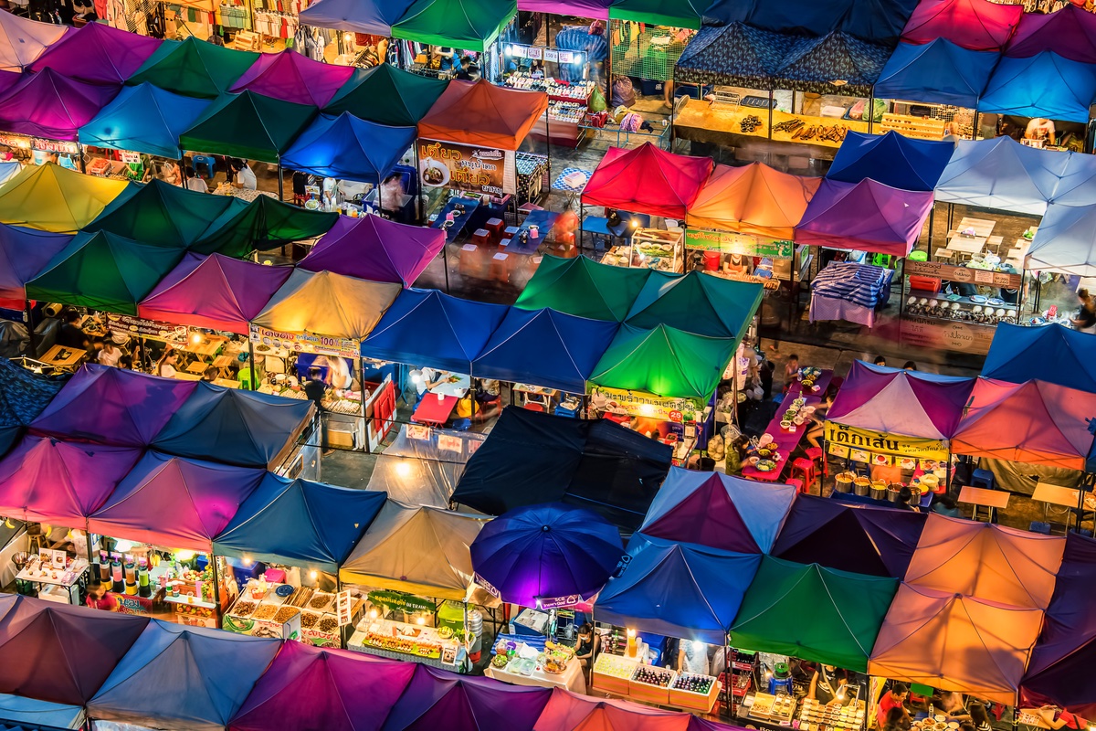 aerial view of a market at night.