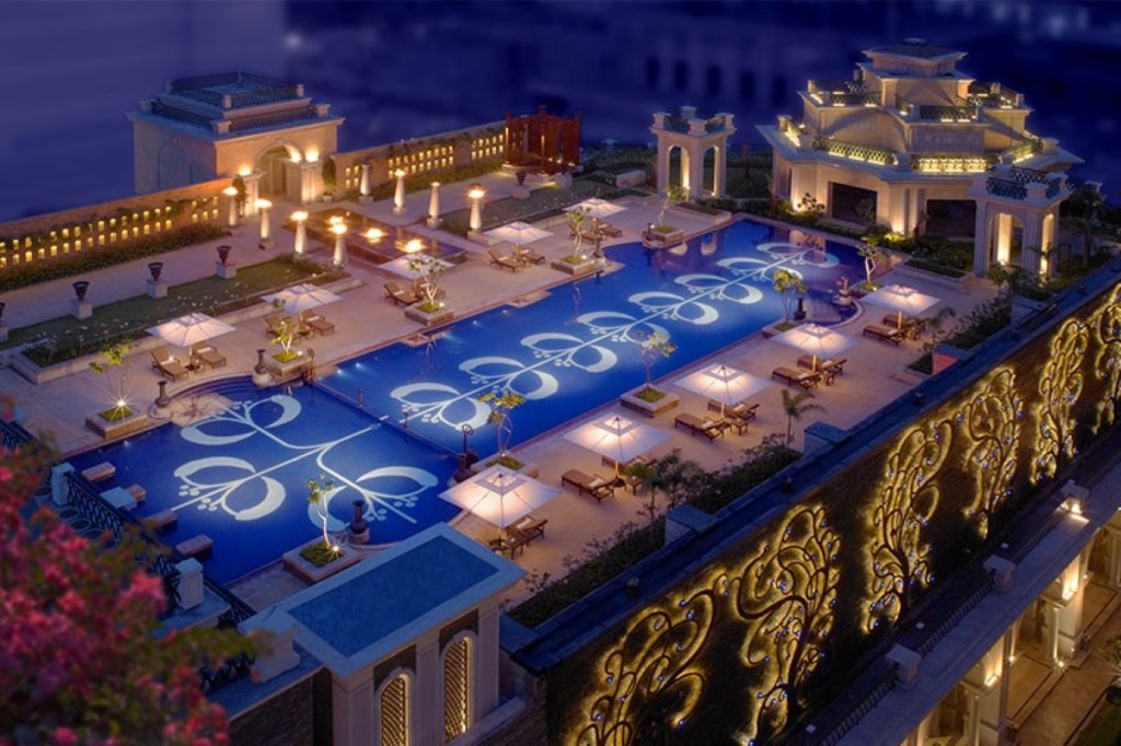 Aerial view of the swimming pool at The Leela Palace Chennai.