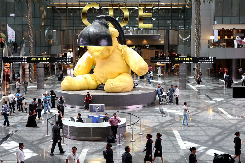 The departure hall at Hamad Interational Airport in Qatar.