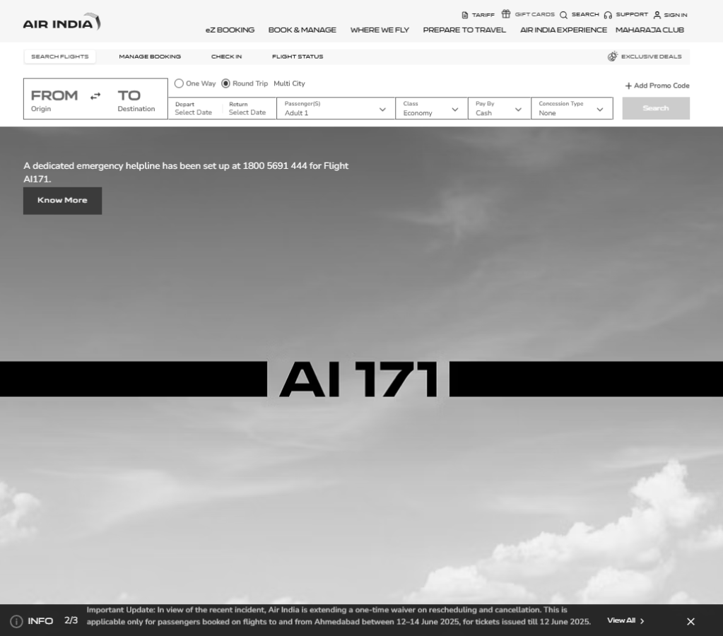 The Air India homepage is black and white after the crash on June 12, 2025.
