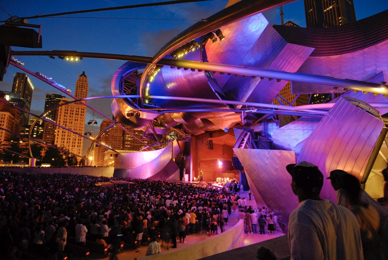 A musical performance at the Jay Pritzker Pavilion in Millennium Park in Chicago, Illinois.