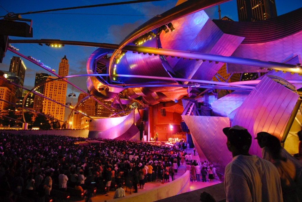 A musical performance at the Jay Pritzker Pavilion in Millennium Park in Chicago, Illinois.