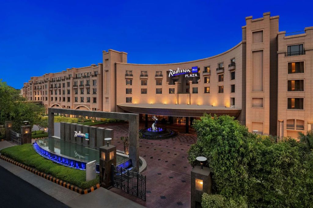 Exterior view of Radisson Blu Plaza Hotel, Delhi Airport.