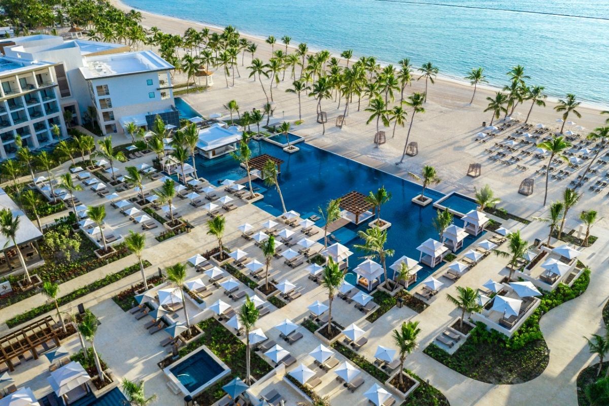 Aerial view of a pool at a seaside resort