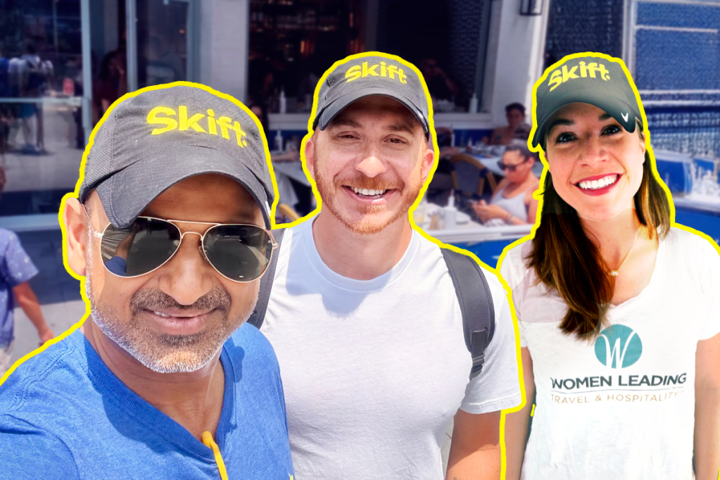 Three people wearing Skift hats