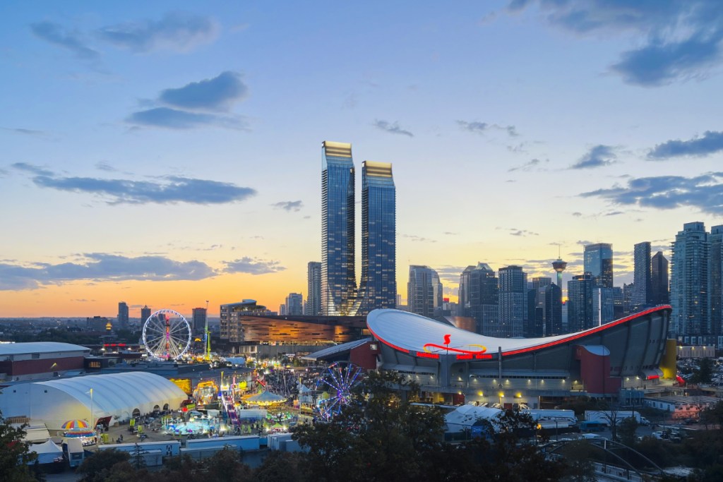 A photo illustration of two planned luxury hotels from Marriott on the Calgary skyline