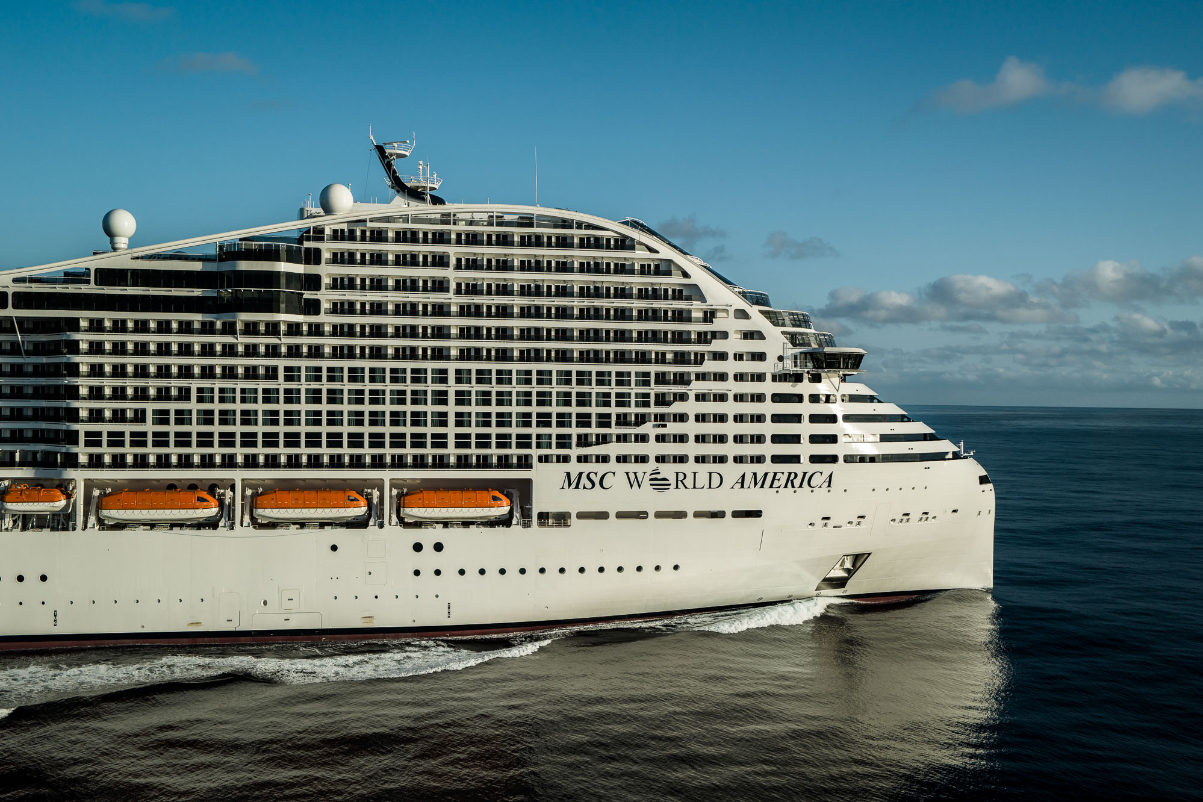 aerial view of MSC World America a new cruise ship at sea on a sunny day