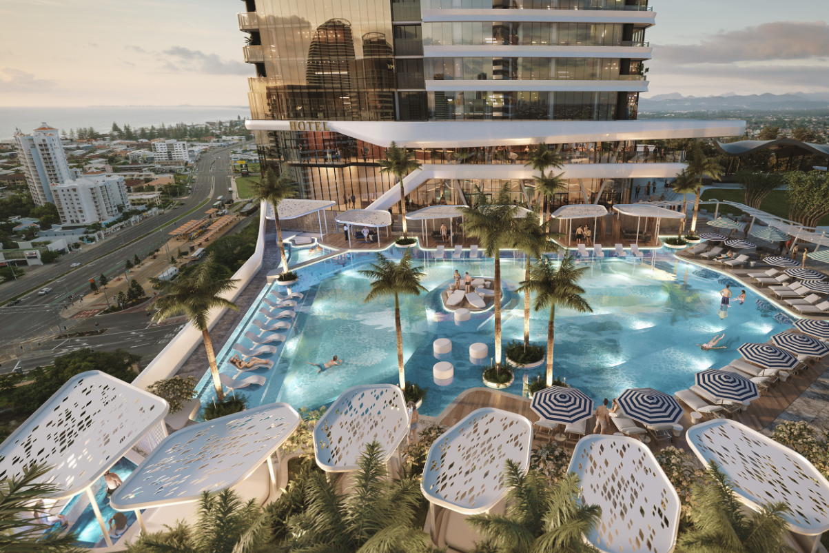 Rendering of Andaz Gold Coast Pool Deck with the view of a pool outdoors