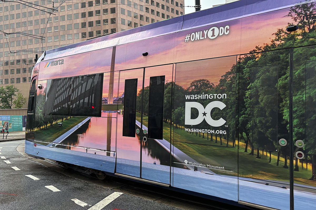 A streetcar branded with Washington, D.C. tourism in Atlanta.