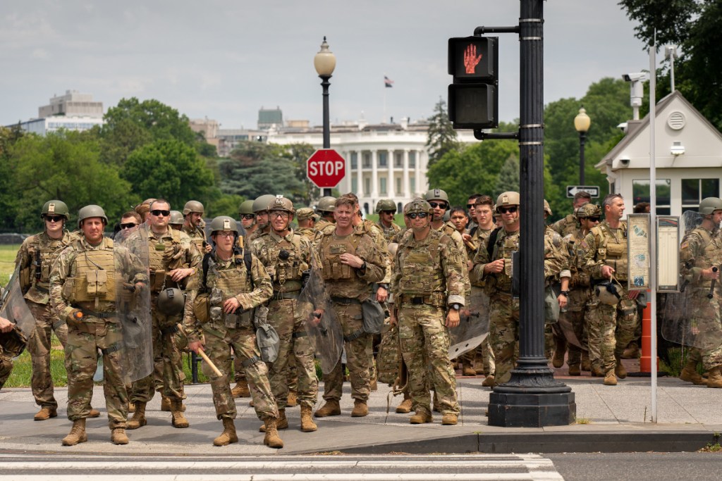 A view of Army Special Forces pictured on deployment in front of Trump's White House on the street on June 3, 2025.