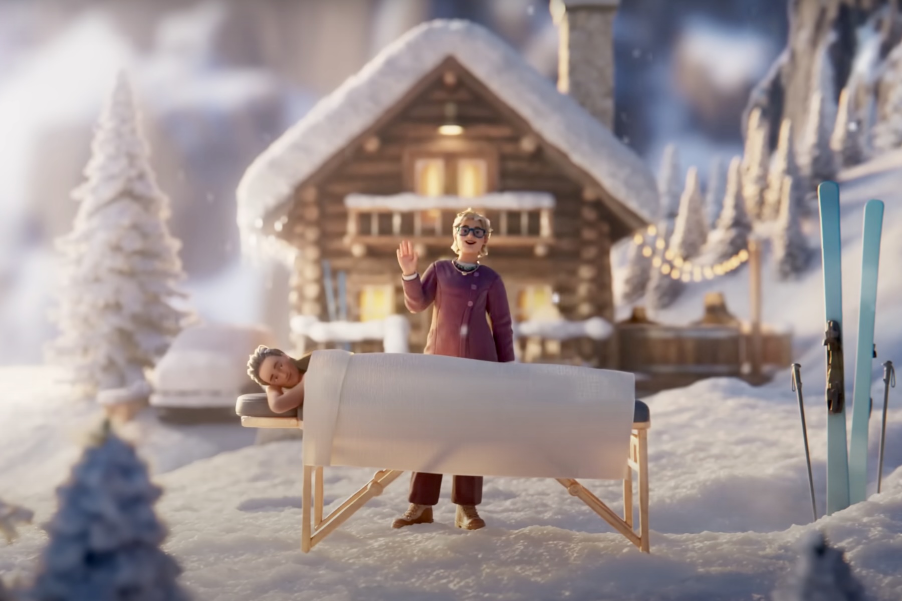 An ad showing a character getting a massage after going skiing.