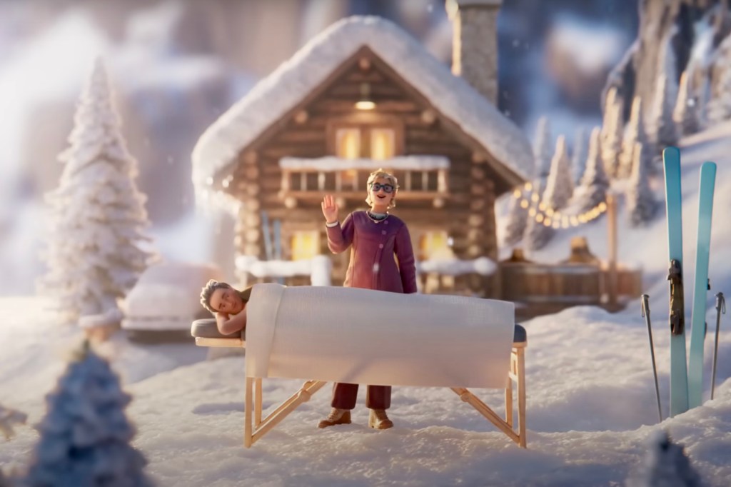 An ad showing a character getting a massage after going skiing.