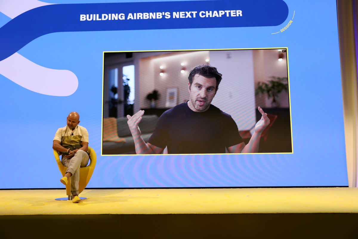 Airbnb CEO Brian Chesky speaking at Skift Global Forum on September 16, 2025.