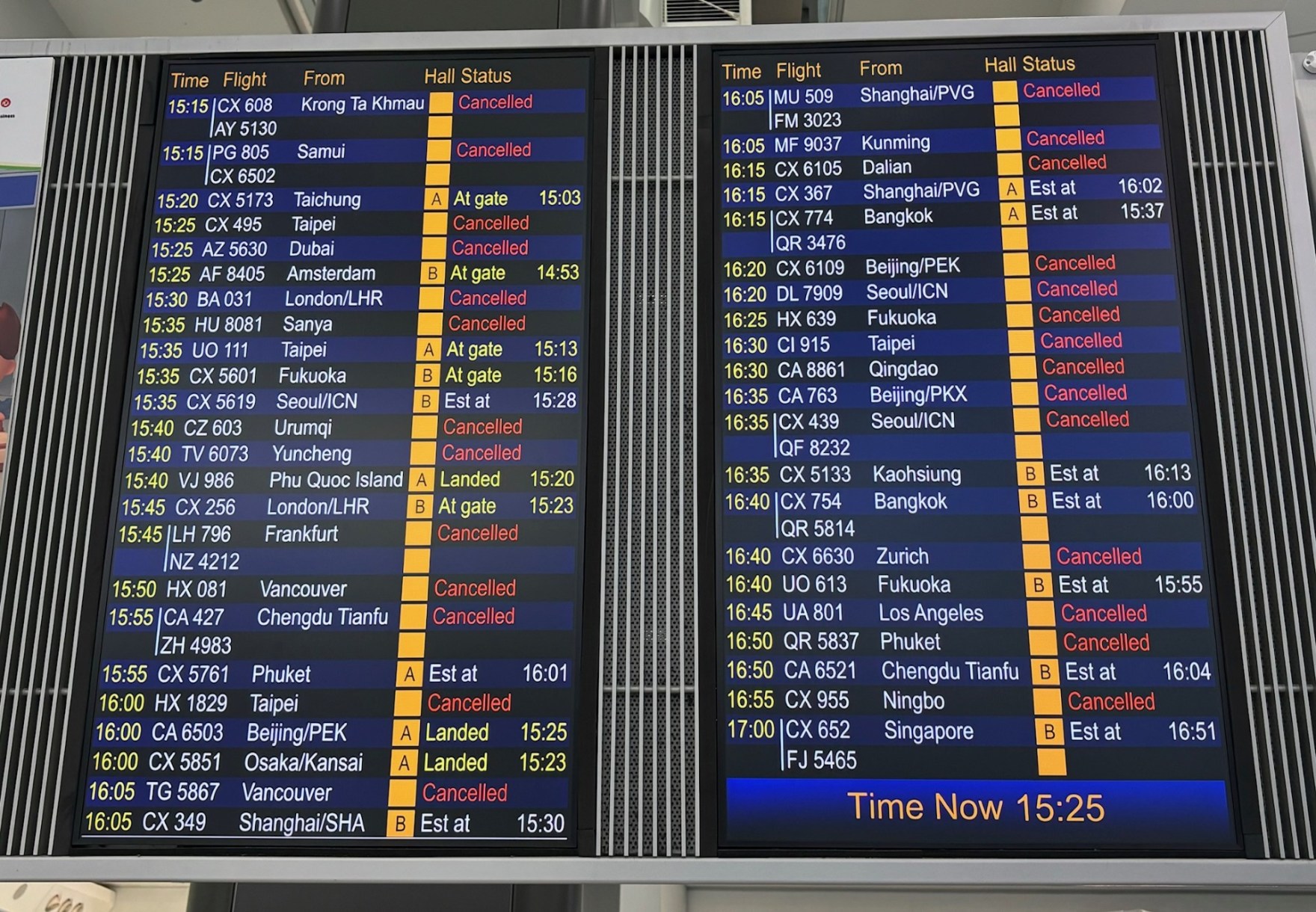 An arrivals board at Hong Kong International Airport ahead of Typhoon Ragasa.
