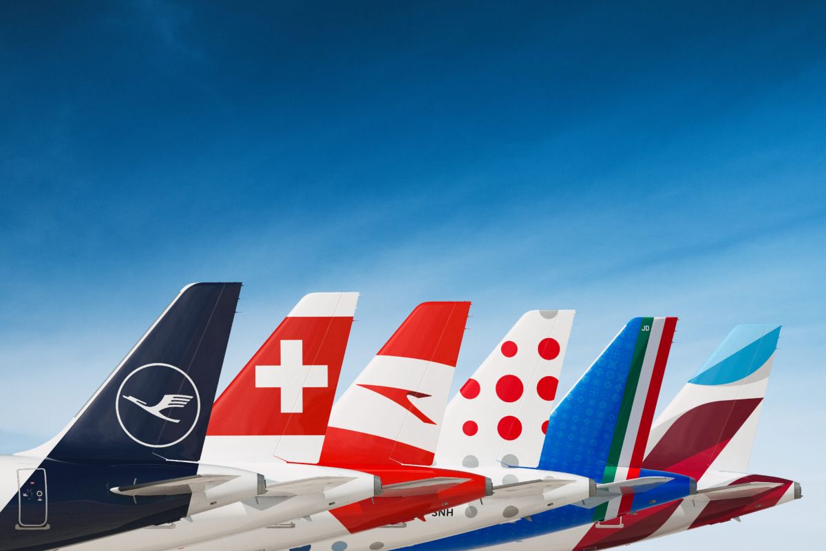 The tails of major airlines within the Lufthansa Group