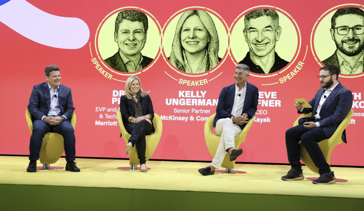 Drew Pinto, Marriott CTO, Steve Hafner, Kayak CEO and Kelly Ungerman, senior partner at McKinsey at the Skift Global Forum.
