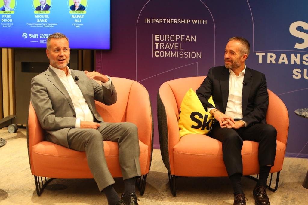Fred Dixon, CEO of Brand USA, speaks while sitting next to Miguel Sanz, president of the European Travel Commission and general director of the Spanish Tourism Institute (TURESPAÑA), at the 2025 Skift Transatlantic Summit.