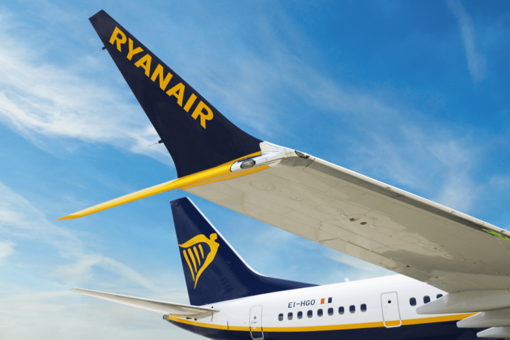 The wing of a Ryanair Boeing 737.