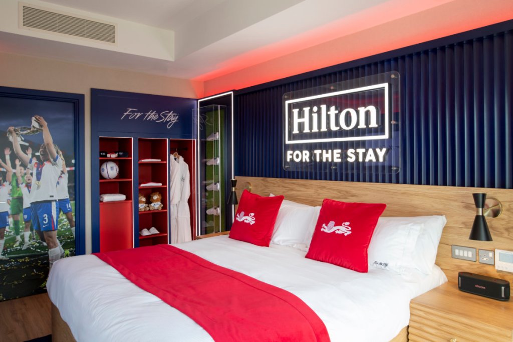 a guest room at Hilton at St George's Park Hotel with decor for the England football team