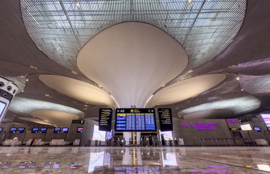 The check-in hall at Mumbai Navi Airport.