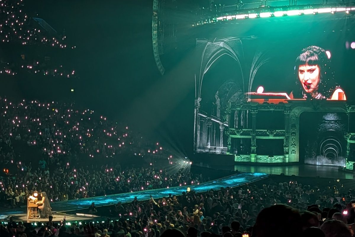 Lady Gaga performing "Die with a Smile" during the Mayhem Ball at Co-op Live, Manchester (UK), on October 7, 2025.