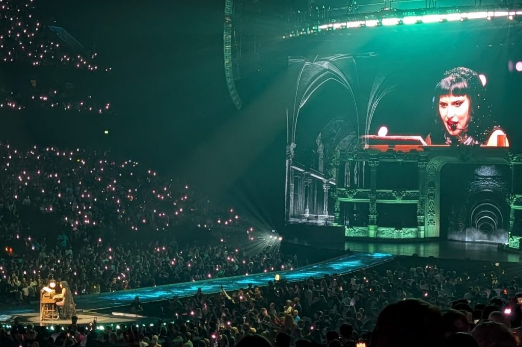 Lady Gaga performing "Die with a Smile" during the Mayhem Ball at Co-op Live, Manchester (UK), on October 7, 2025.