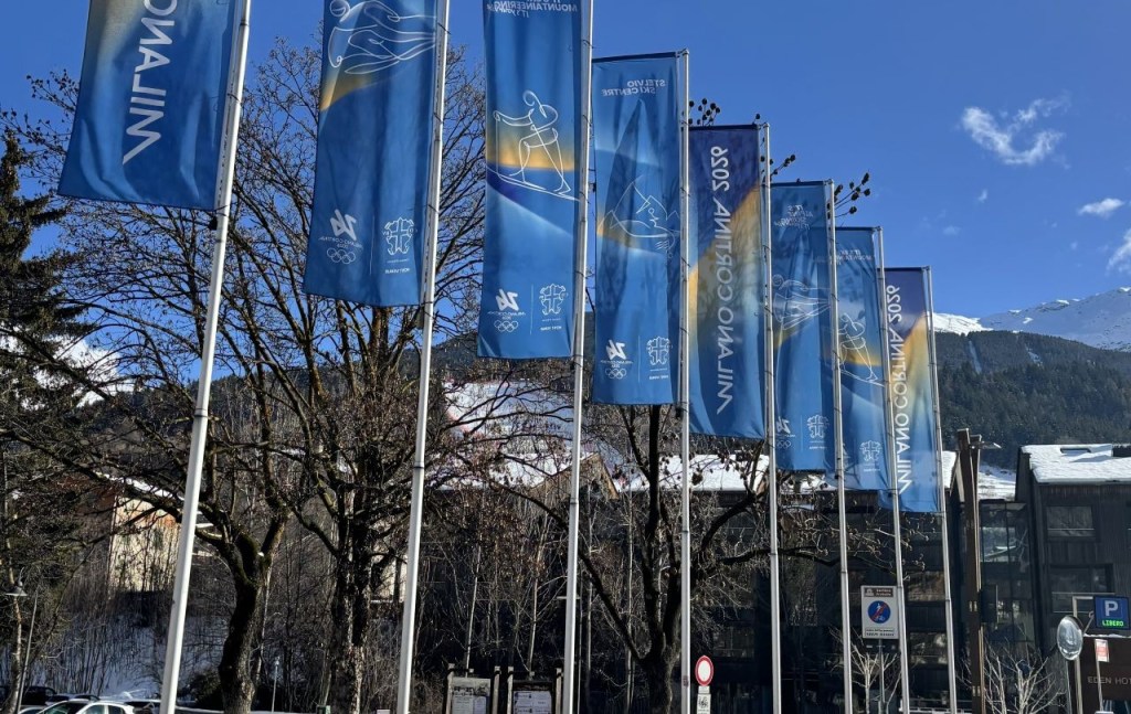 Flags for the 2026 Winter Olympics in Bormio, Italy.