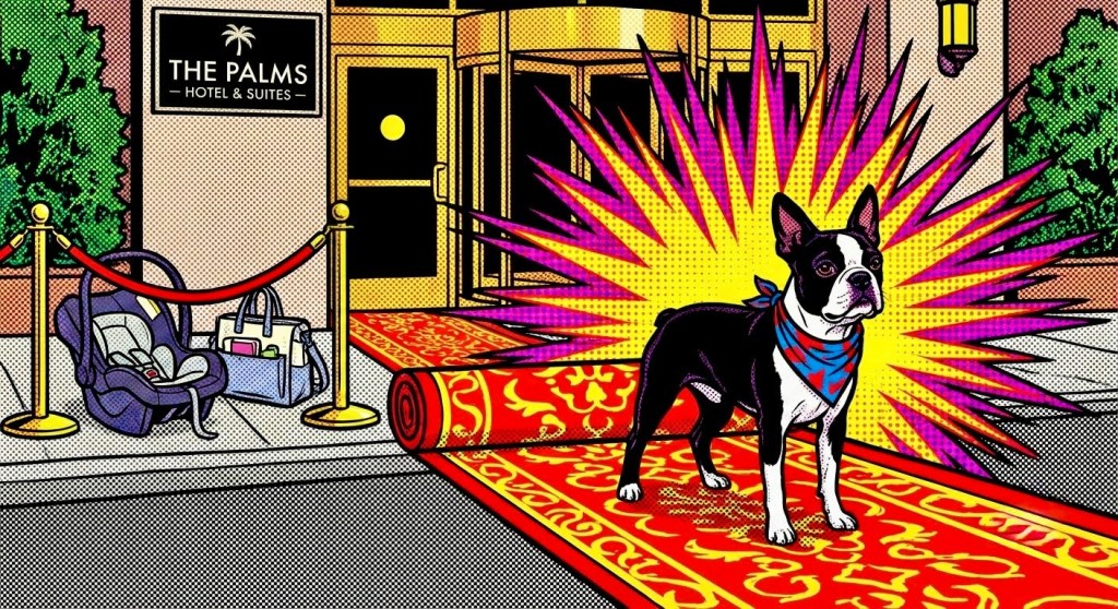 A dog in front of a hotel.