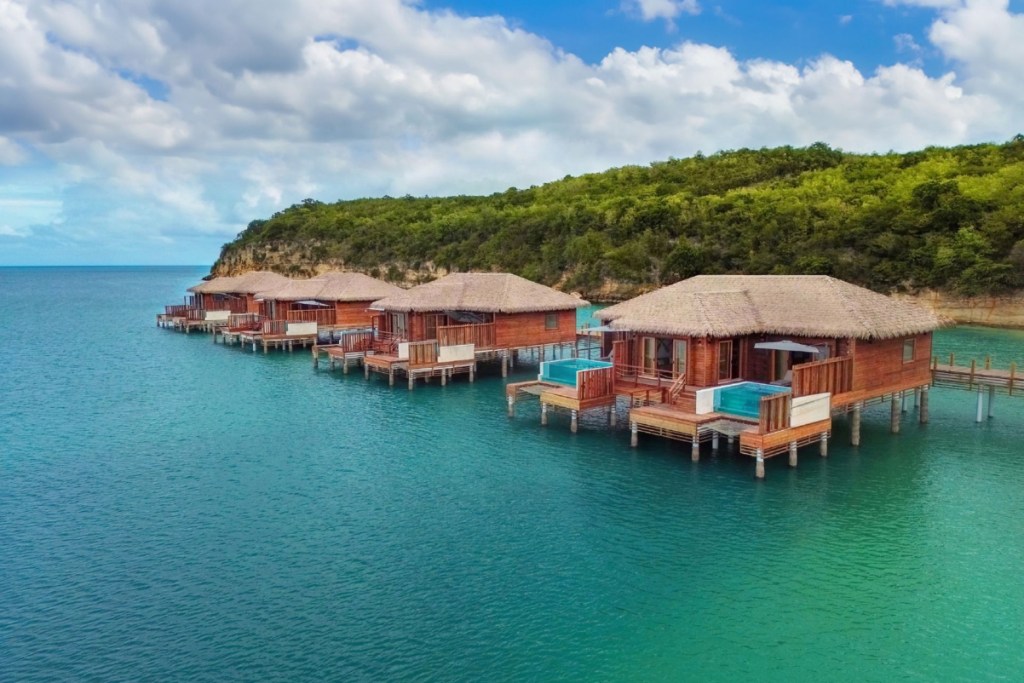 Image of overwater resorts at an all-inclusive run by Marriott near Antigua.