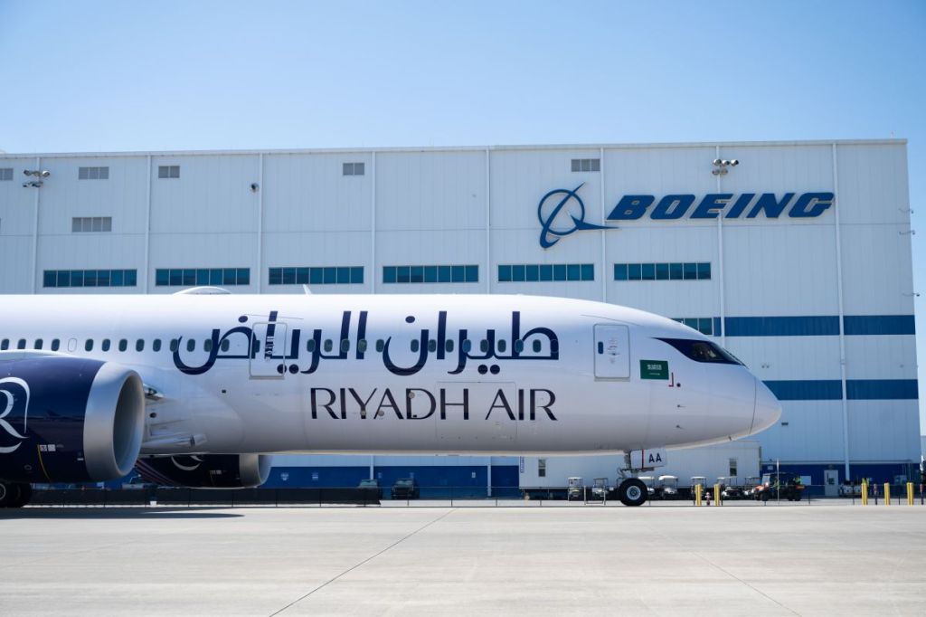 A Riyadh Air Boeing 787-9 at Boeing's Dreamliner production facility.