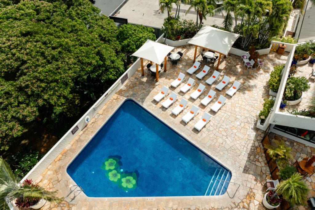 aerial shot of outdoor pool at Luana Waikiki Hotel Suites in Honolulu