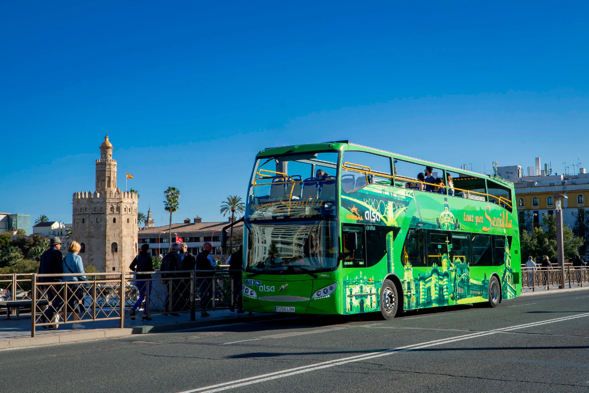 Image of a double-decker tour bus in Seville, Spain.