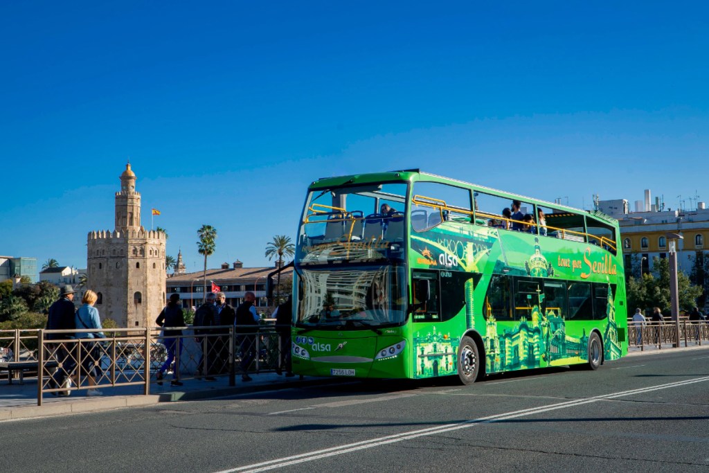 Image of a double-decker tour bus in Seville, Spain.
