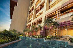 view of a swimming pool up next to a hotel