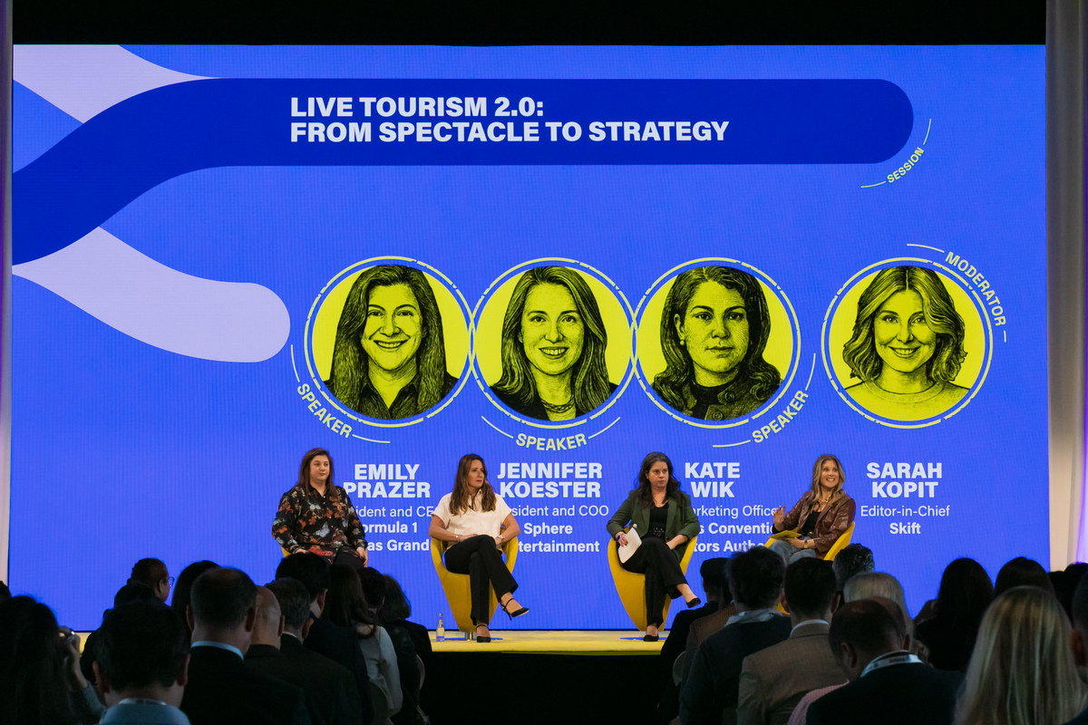 Executives from Formula 1 Las Vegas Grand Prix, Sphere, and Las Vegas Convention and Visitors Authority (LVCVA) with Skift Editor in Chief, Sarah Kopit